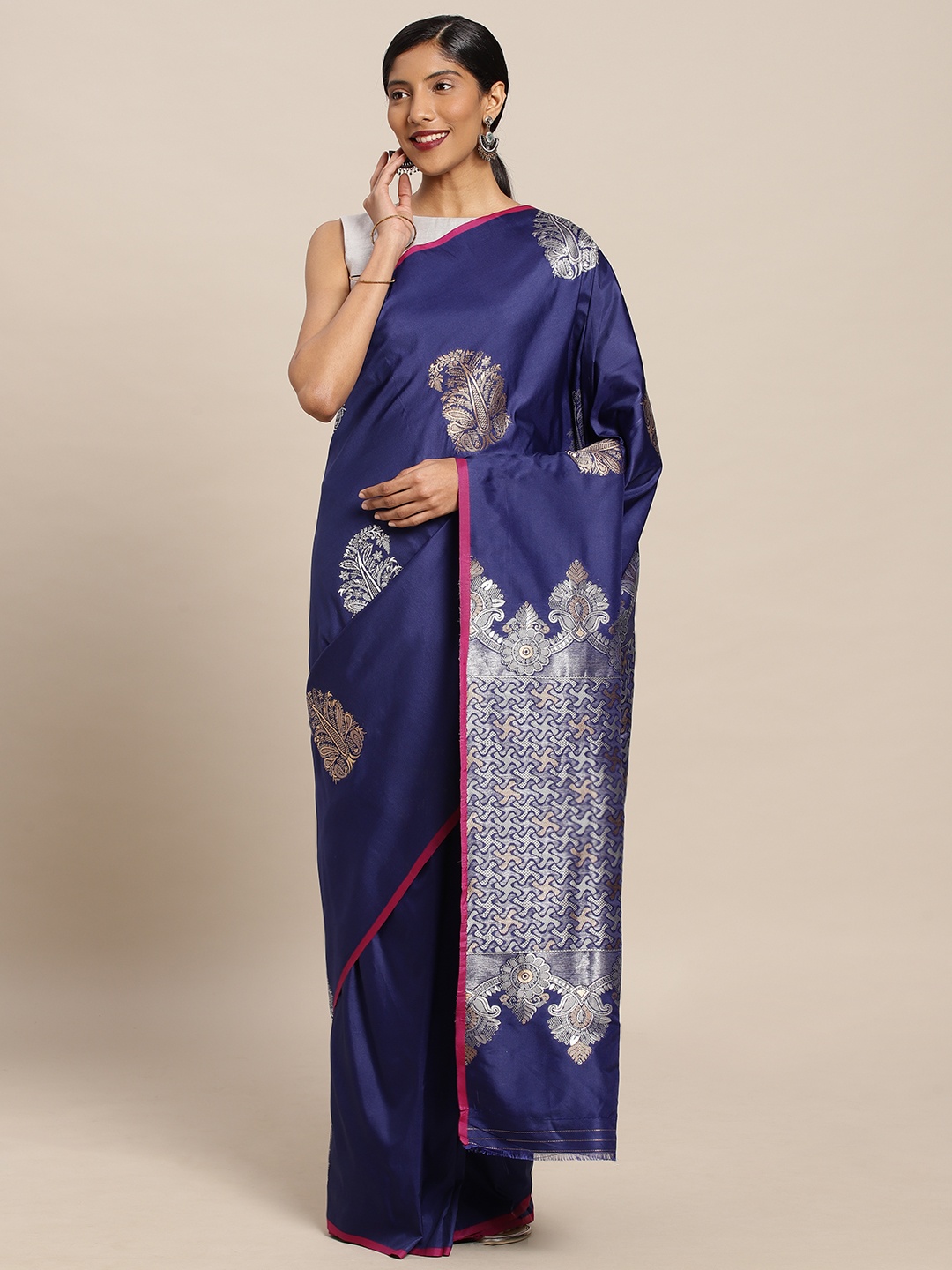 

Mitera Navy Blue Silk Blend Woven Design Kanjeevaram Saree