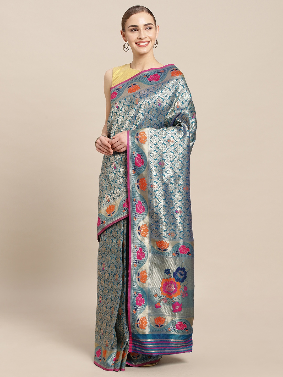 

Mitera Teal & Gold-Toned Silk Blend Woven Design Kanjeevaram Saree