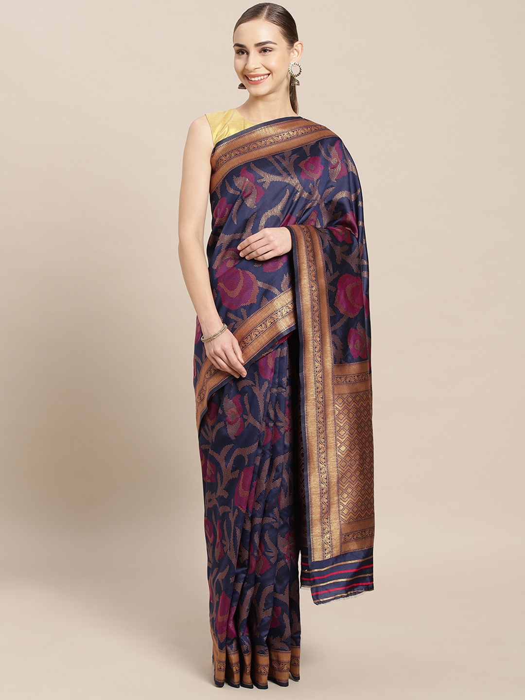 

Mitera Navy Blue & Pink Silk Blend Woven Design Kanjeevaram Saree