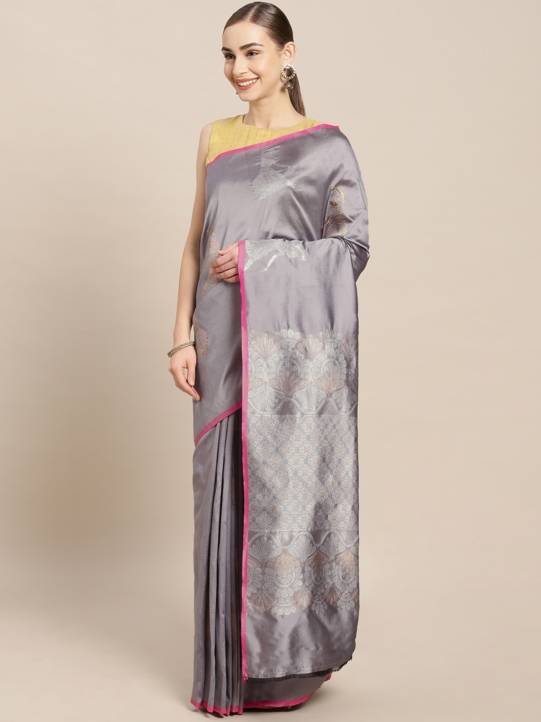 

Mitera Grey Silk Blend Woven Design Kanjeevaram Saree