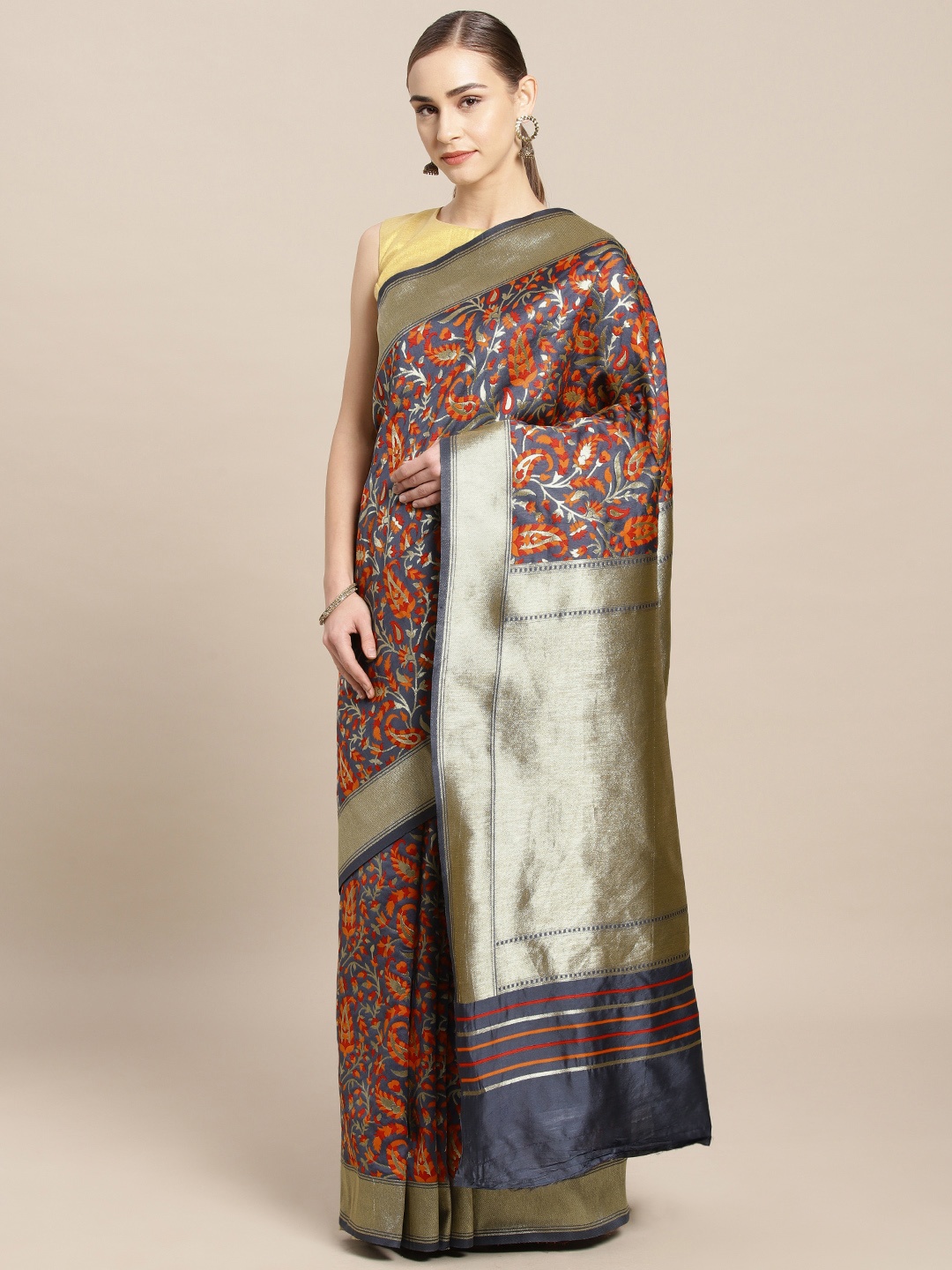 

Mitera Grey & Orange Silk Blend Woven Design Kanjeevaram Saree