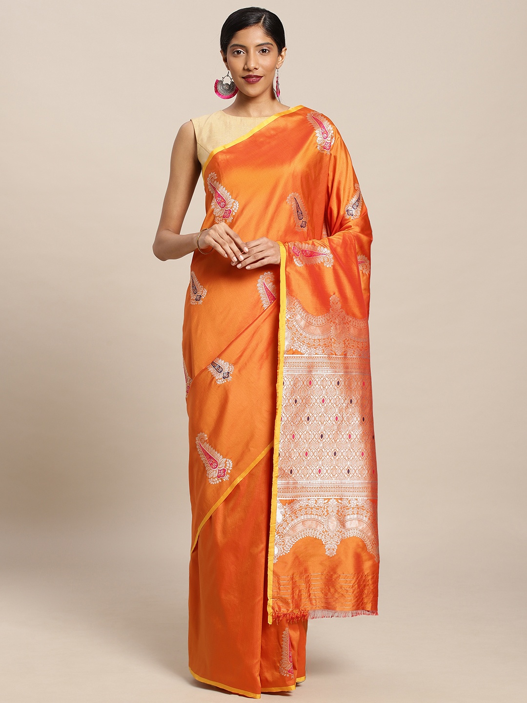 

Mitera Orange Silk Blend Woven Design Kanjeevaram Saree