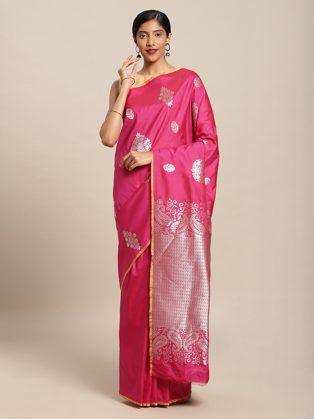 

Mitera Pink Silk Blend Woven Design Kanjeevaram Saree
