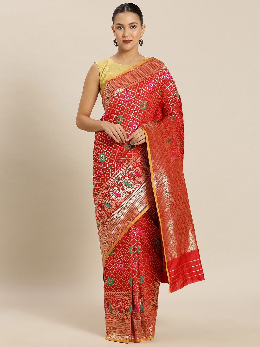 

Mitera Red Silk Blend Woven Design Kanjeevaram Saree