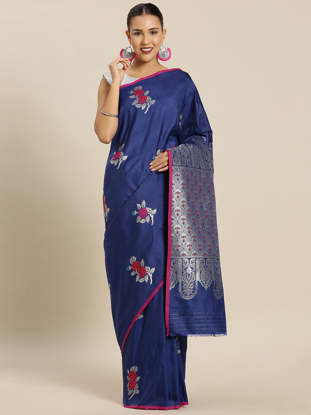 

Mitera Navy Blue Silk Blend Woven Design Kanjeevaram Saree