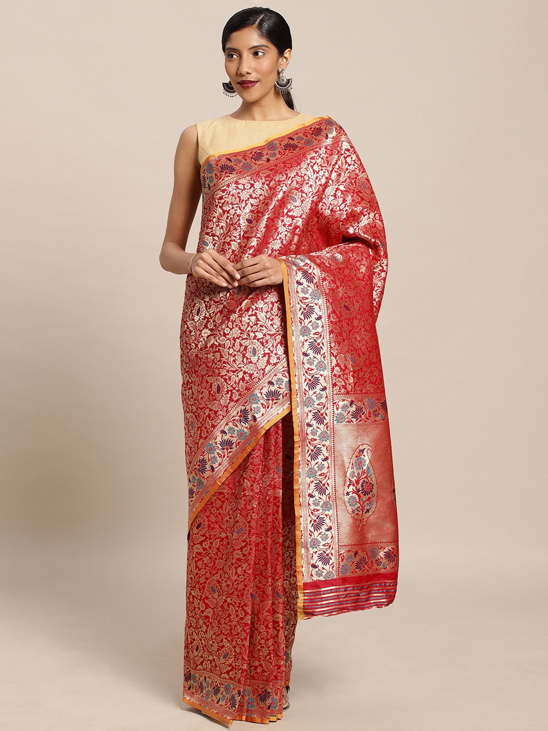 

Mitera Red Silk Blend Woven Design Kanjeevaram Saree