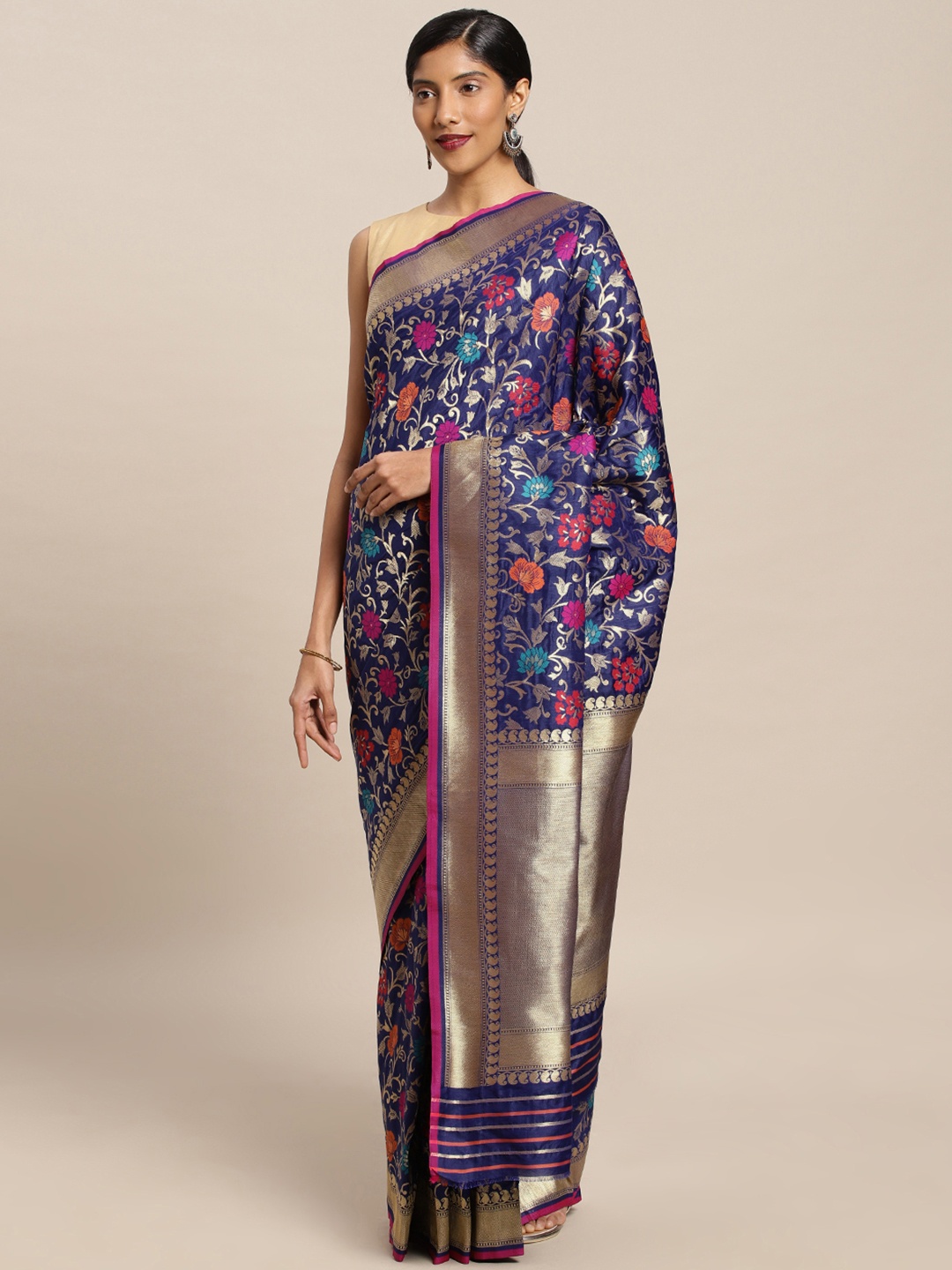 

Mitera Blue Silk Blend Woven Design Kanjeevaram Saree