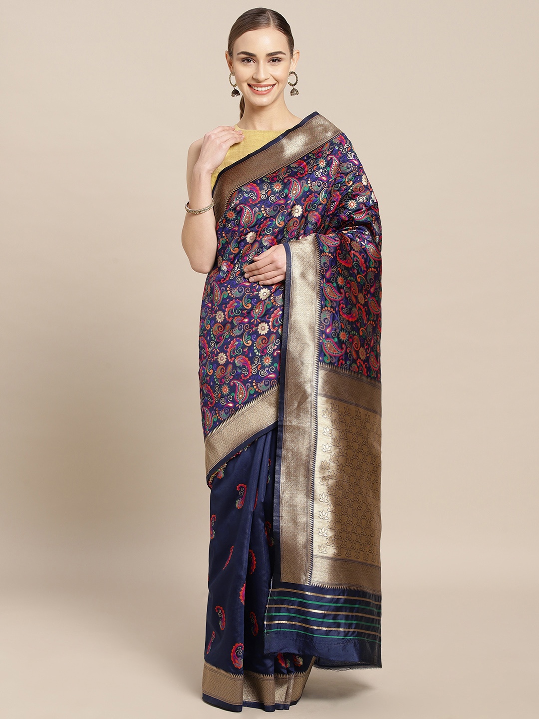 

Mitera Navy Blue Silk Blend Woven Design Kanjeevaram Saree