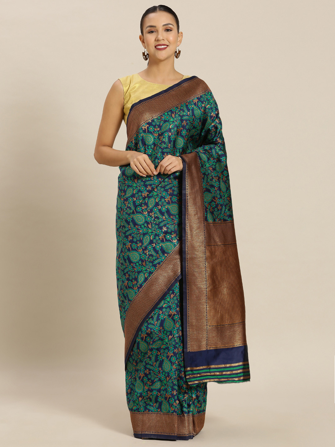 

Mitera Navy Blue Silk Blend Woven Design Kanjeevaram Saree