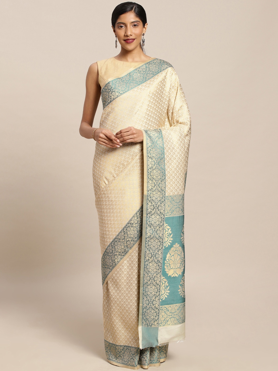 Mitera Cream-Coloured Silk Blend Woven Design Kanjeevaram Saree