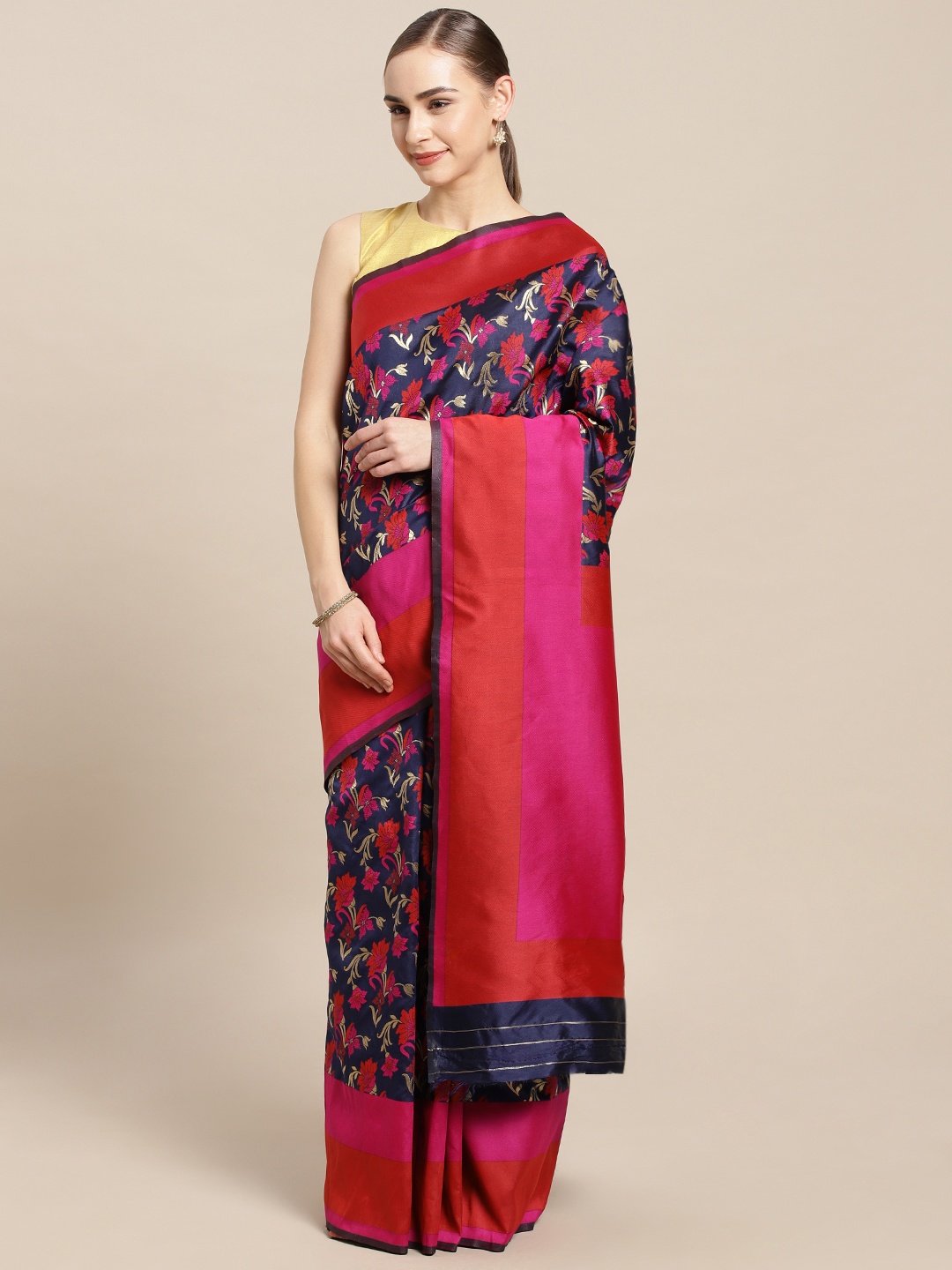 

Mitera Navy Blue & Pink Silk Blend Woven Design Kanjeevaram Saree