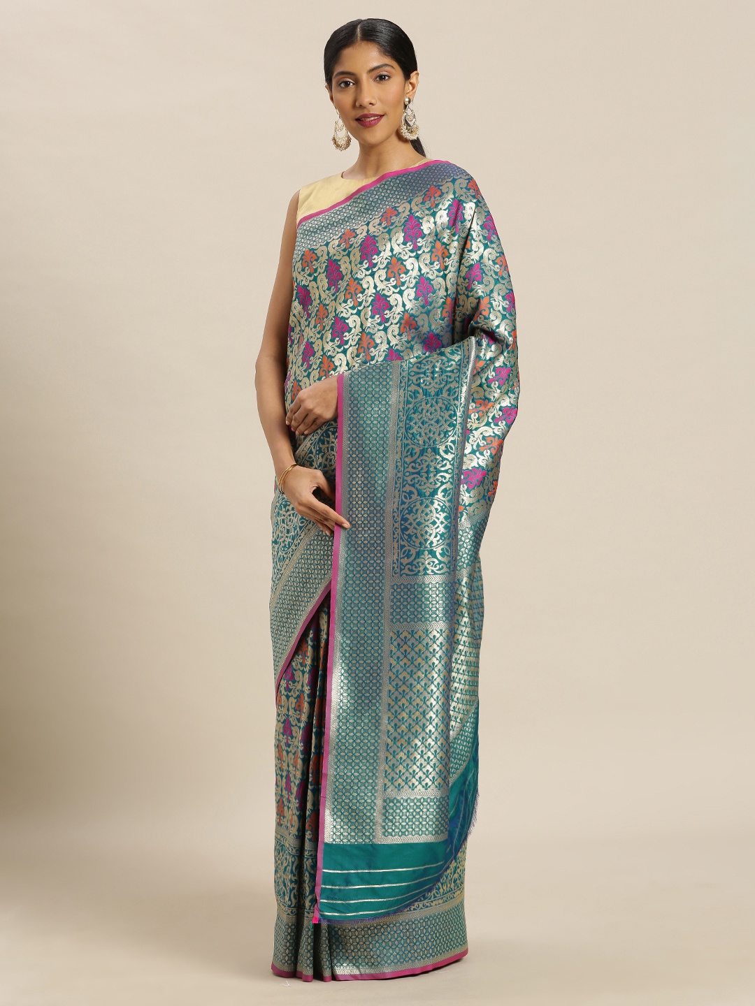 

Mitera Turquoise Blue Silk Blend Woven Design Kanjeevaram Saree