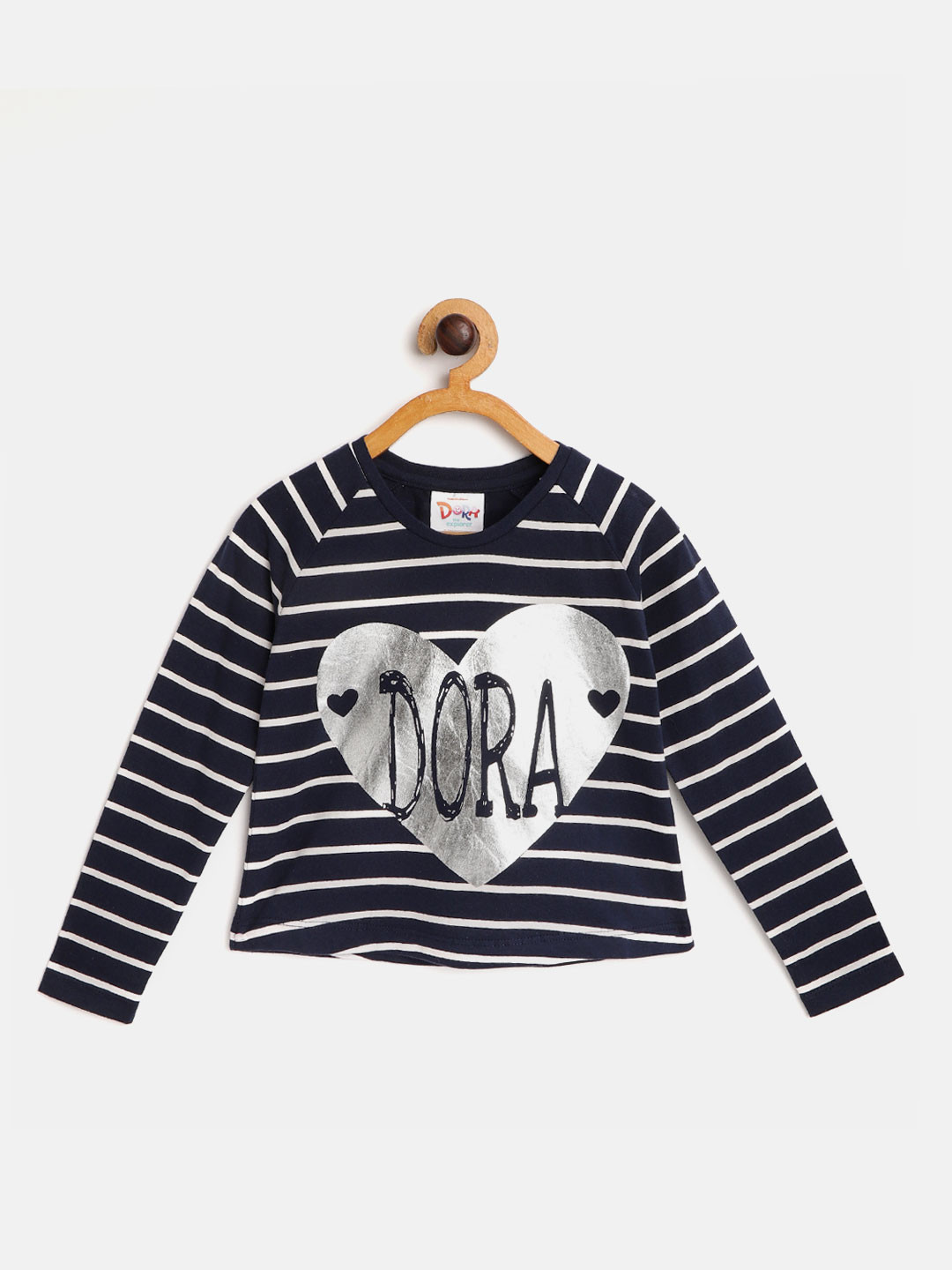 

toothless Girls Navy Blue & Silver Striped Round Neck T-shirt with Printed Detail