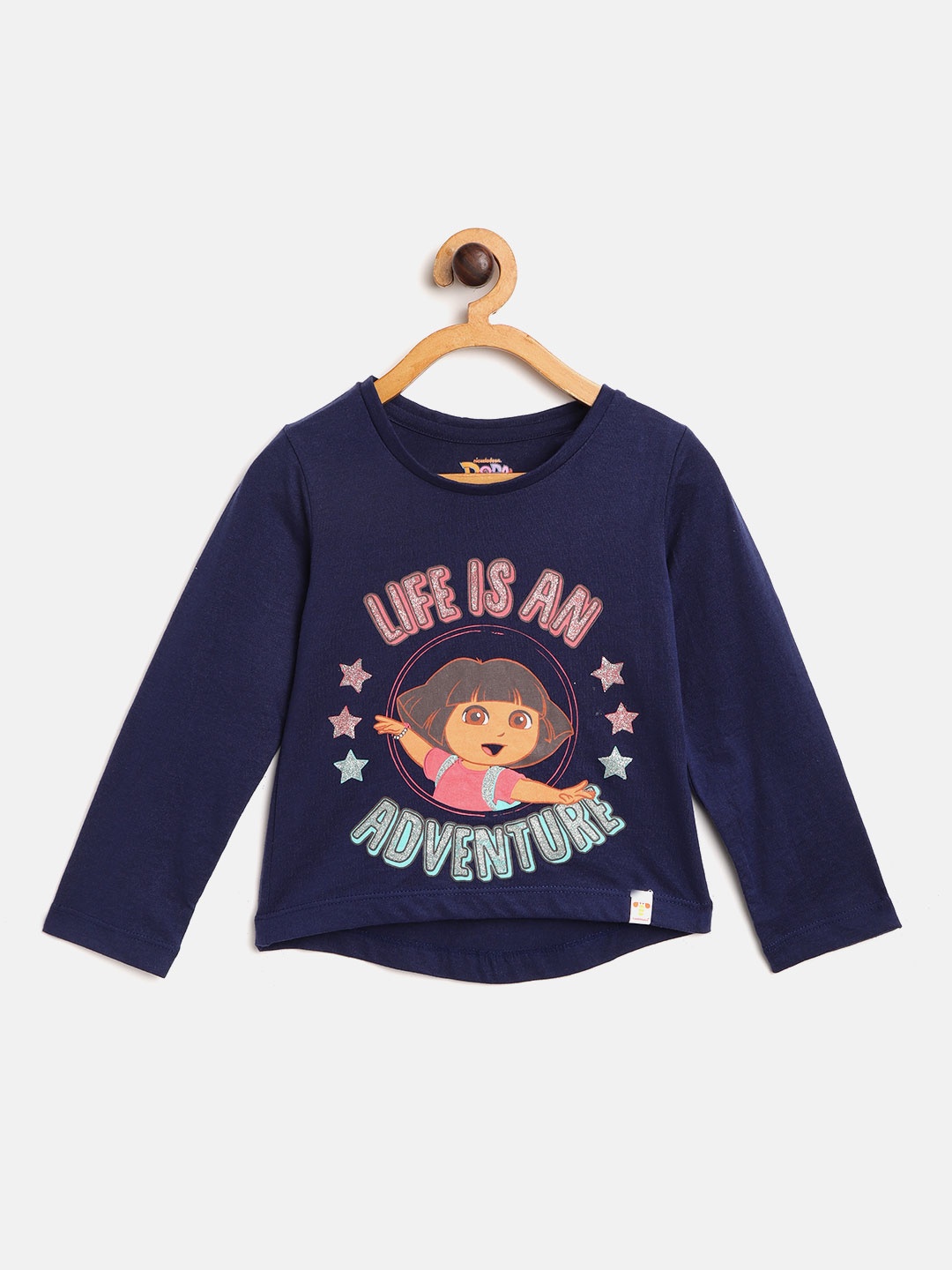 

toothless Girls Navy Blue Dora Print Round Neck T-shirt