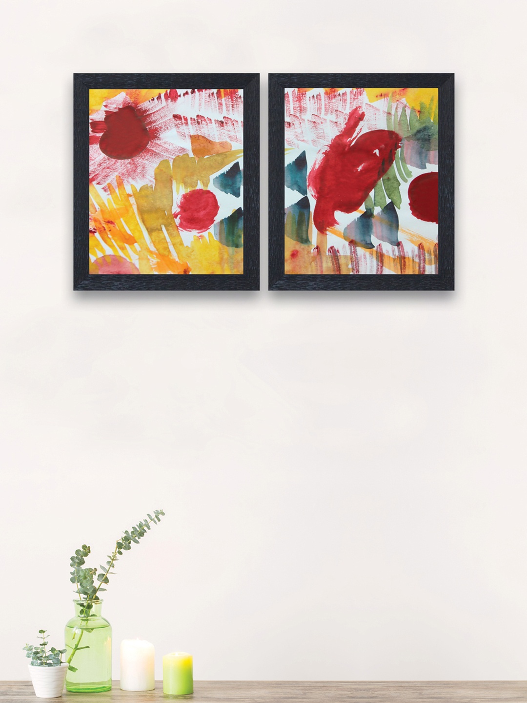

nest ART Set of 2 Red & Yellow Abstract Watercolor framed Wood Wall Art