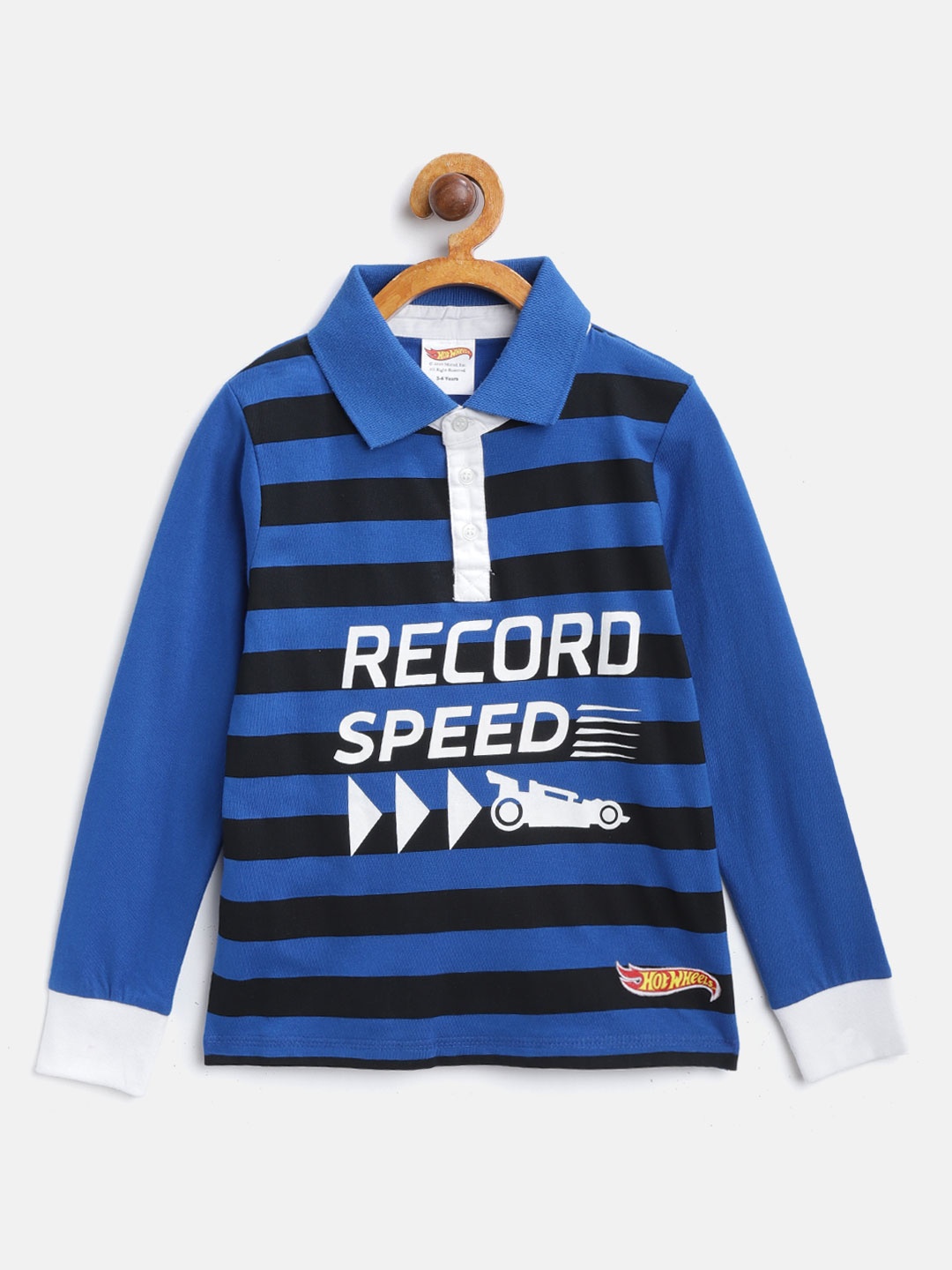 

toothless Boys Blue & Black Striped Polo Collar T-shirt with Hot Wheels Printed Detail