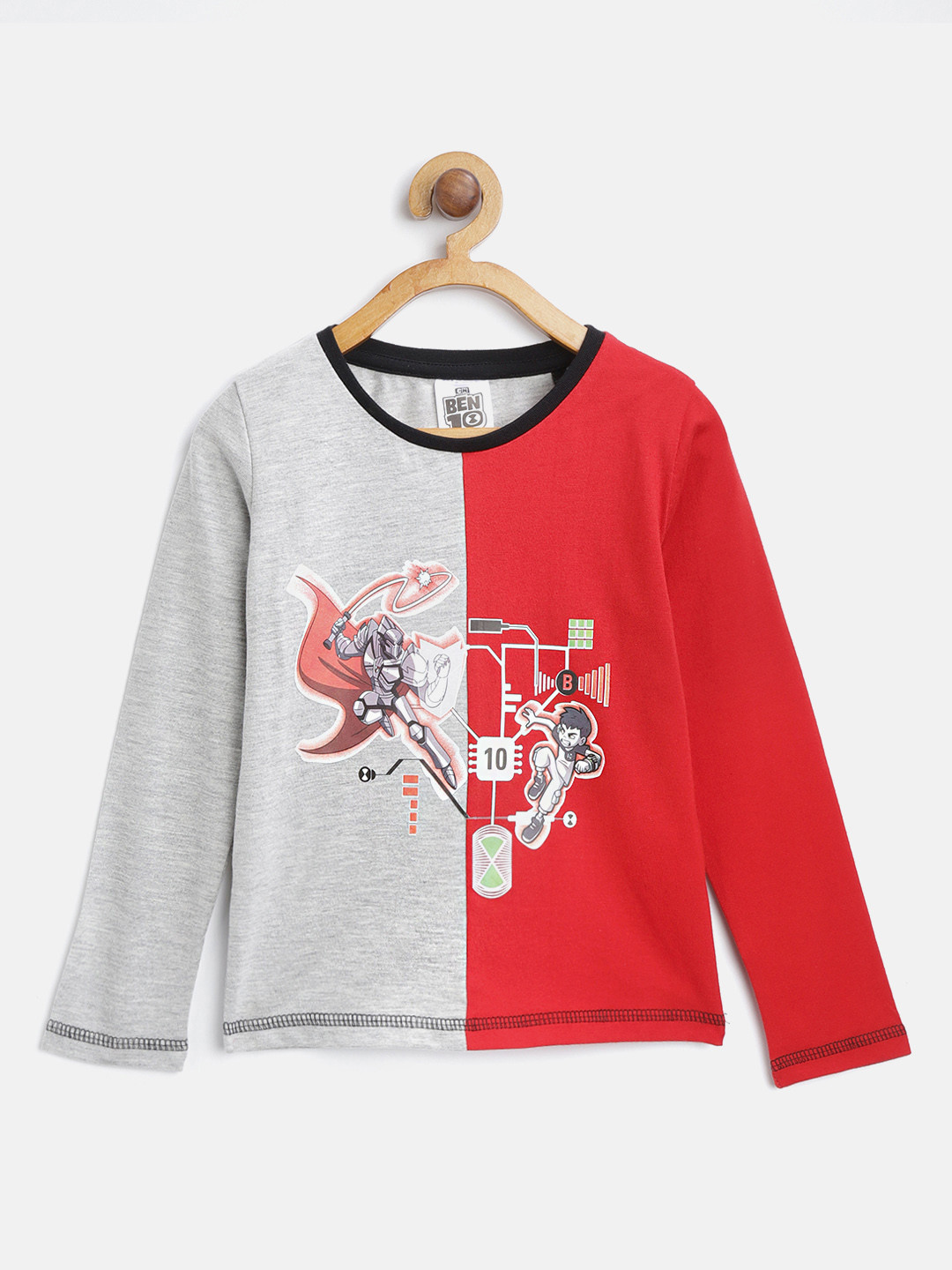 

toothless Boys Grey Melange & Red Printed Colourblocked Ben 10 Round Neck T-shirt