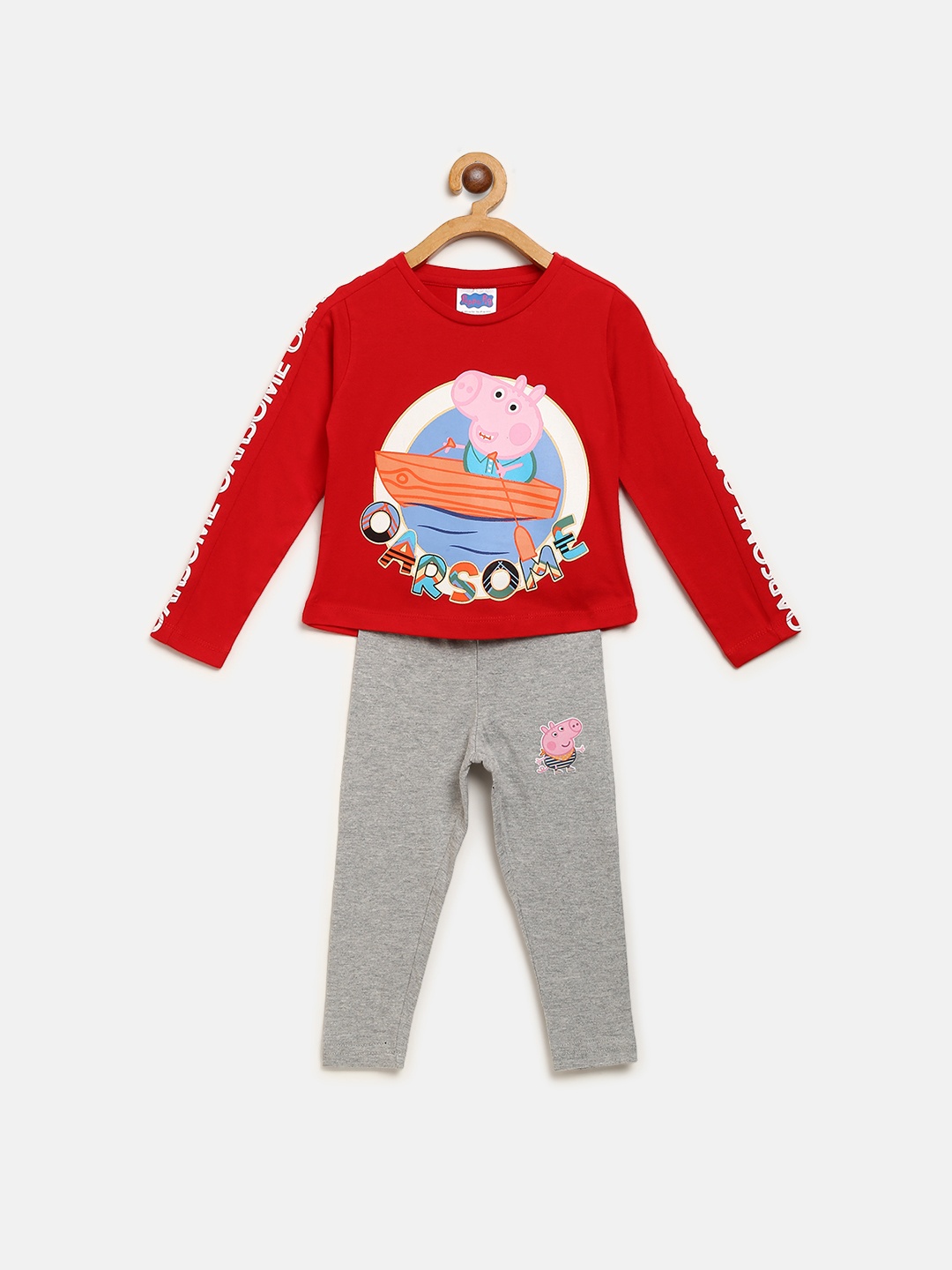 

toothless Girls Red & Grey Melange Printed T-shirt with Solid Pyjamas