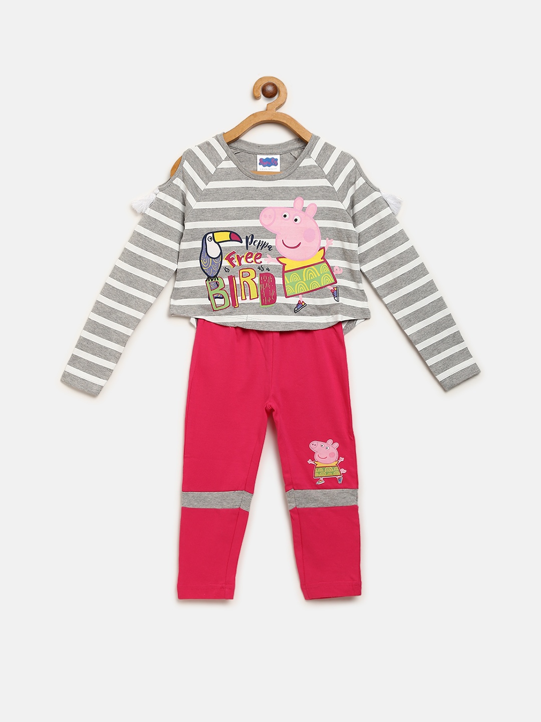 

toothless Girls Grey Melange & Pink Striped T-shirt with Pyjamas with Printed Detail