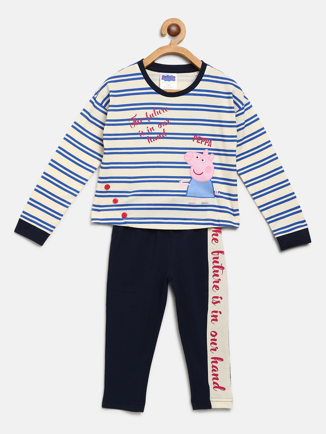 

toothless Girls Peppa Pig Off-White & Navy Striped T-Shirt With Pyjamas