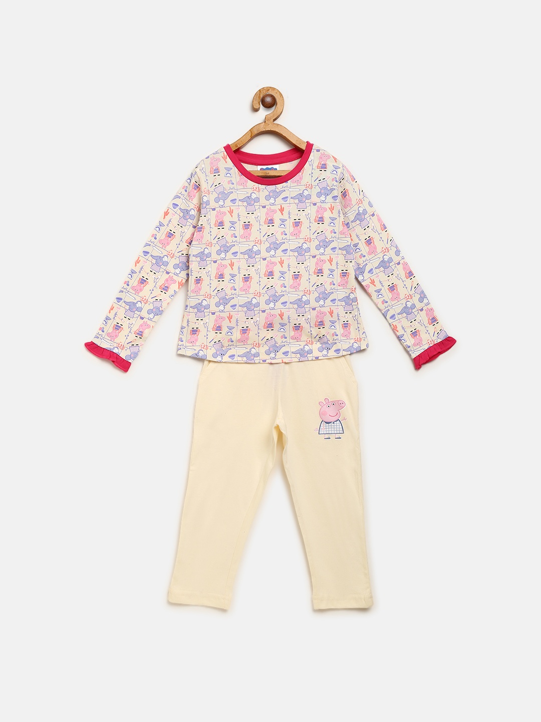 

toothless Girls Cream-Coloured & Blue Peppa Pig Printed T-shirt with Solid Pyjamas