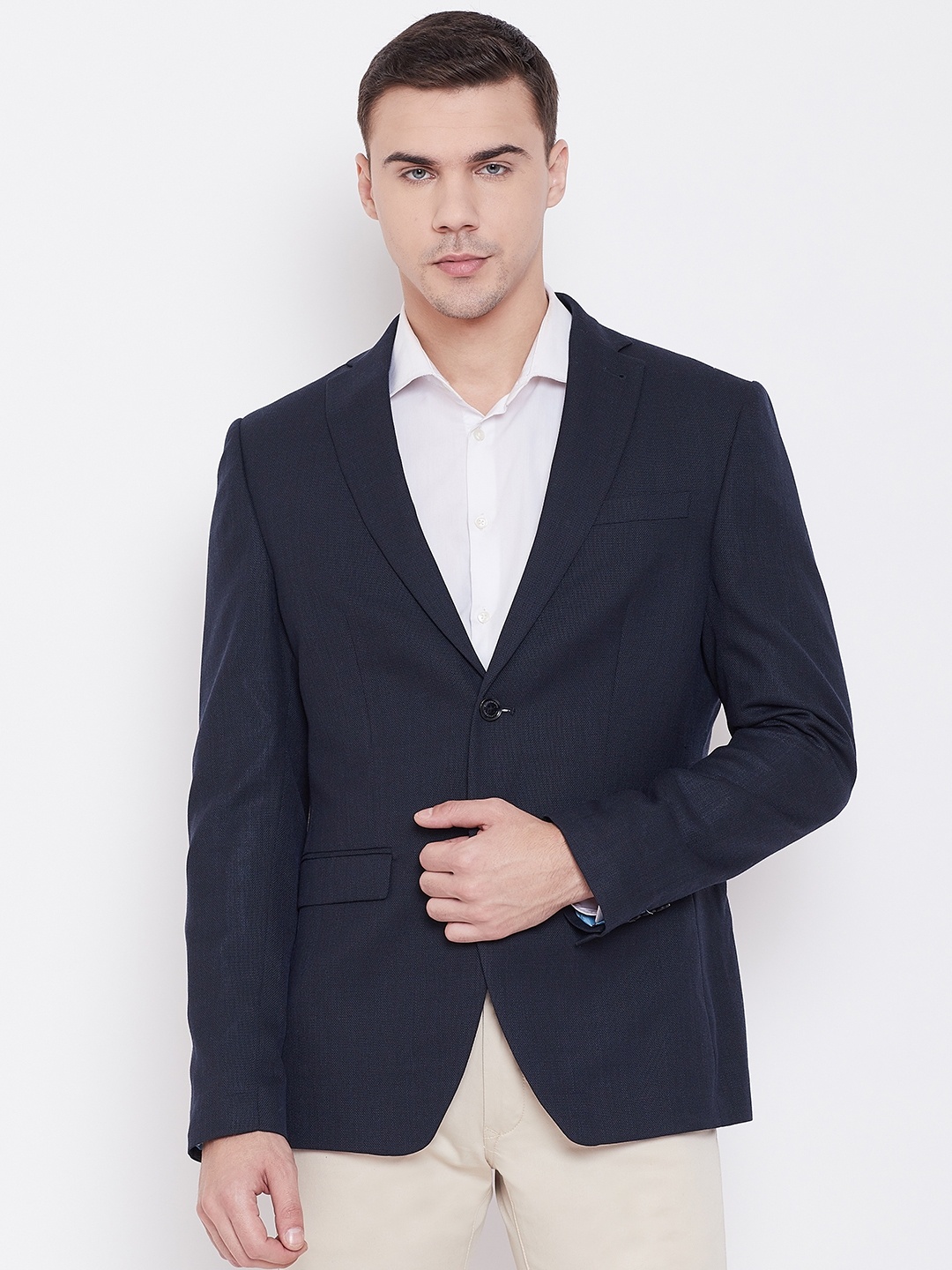 

Blackberrys Men Navy Blue Slim Fit Self-Design Single Breasted Casual Blazer