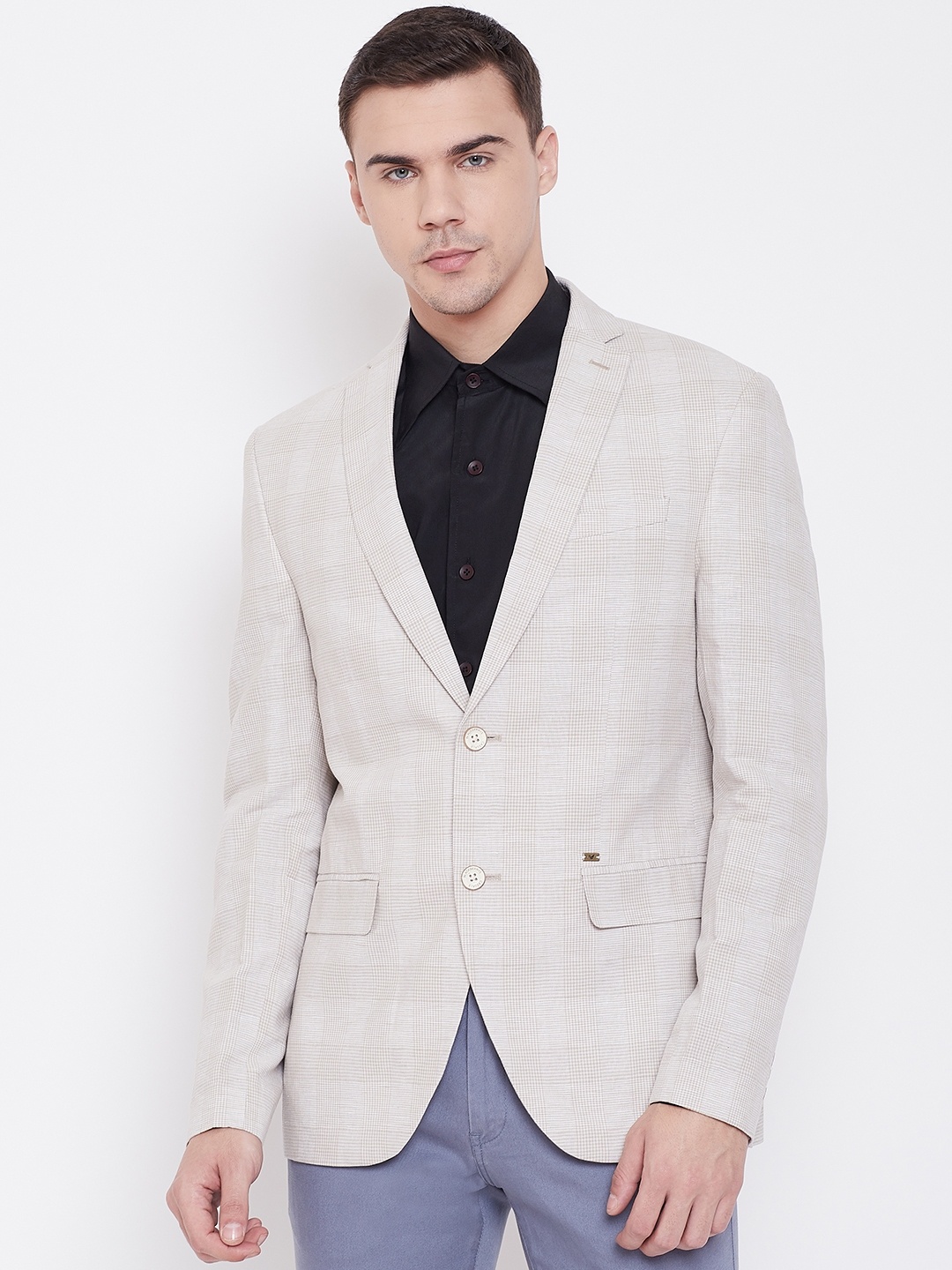 

Blackberrys Men Off-White Checked Slim Fit Checked Single-Breasted Blazer