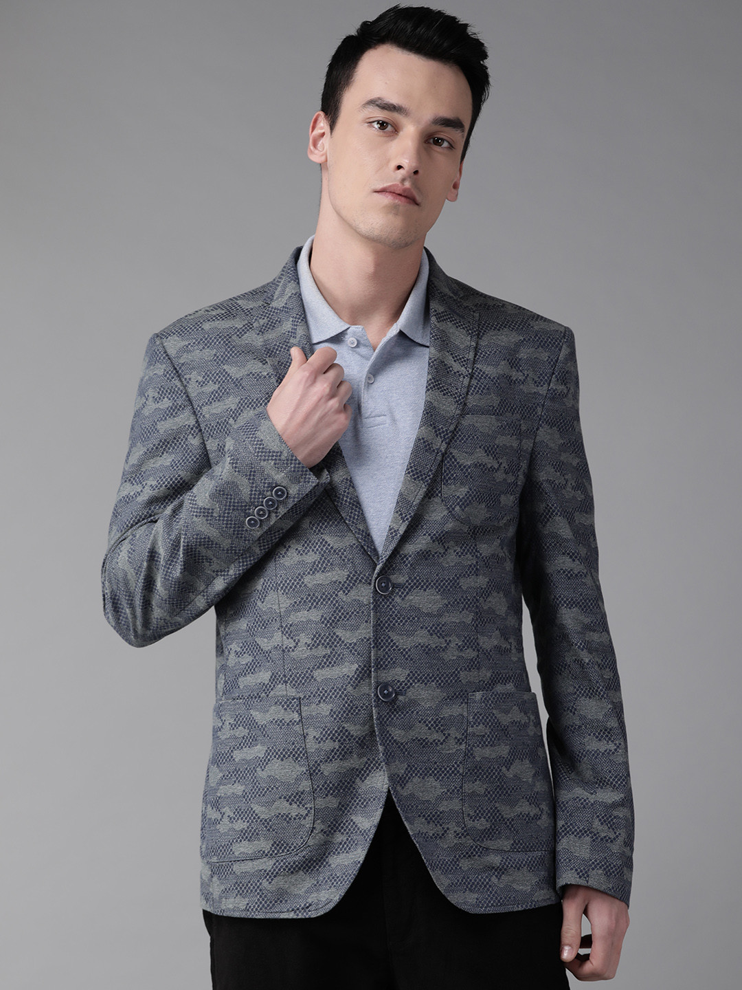 

Blackberrys Men Grey & Blue Slim Fit Self-Design Single-Breasted Casual Pure Cotton Blazer