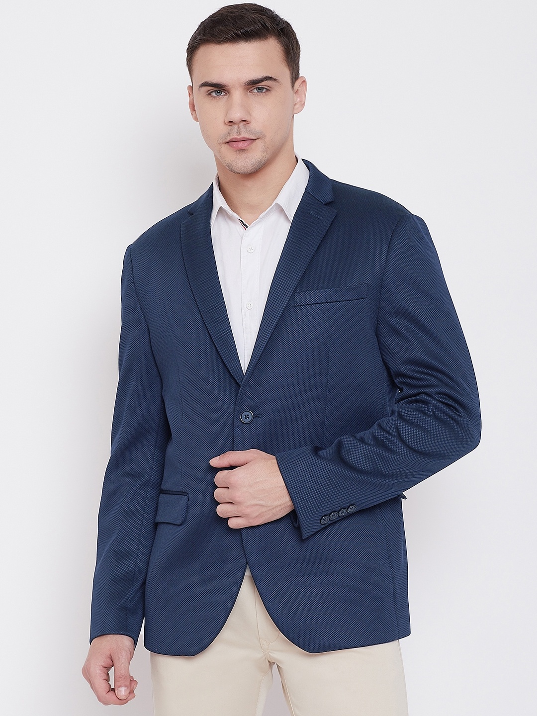 

Blackberrys Men Navy Blue Self-Design Slim Fit Single-Breasted Smart Casual Blazer