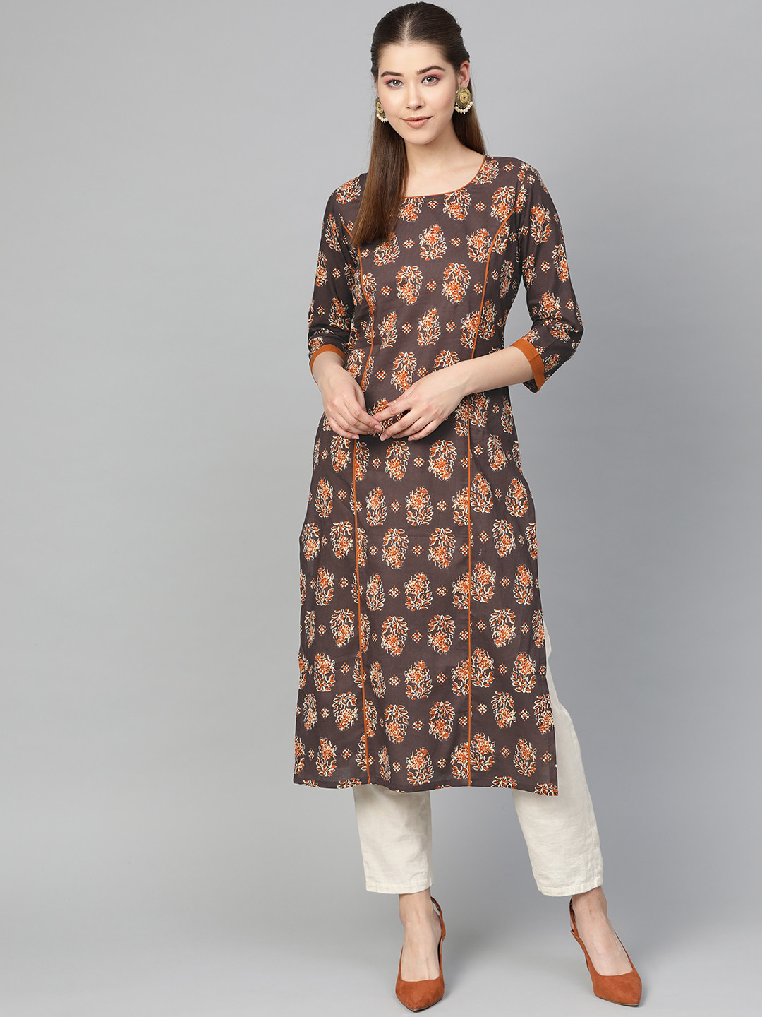 

Myshka Women Brown & Rust Orange Printed Straight Kurta