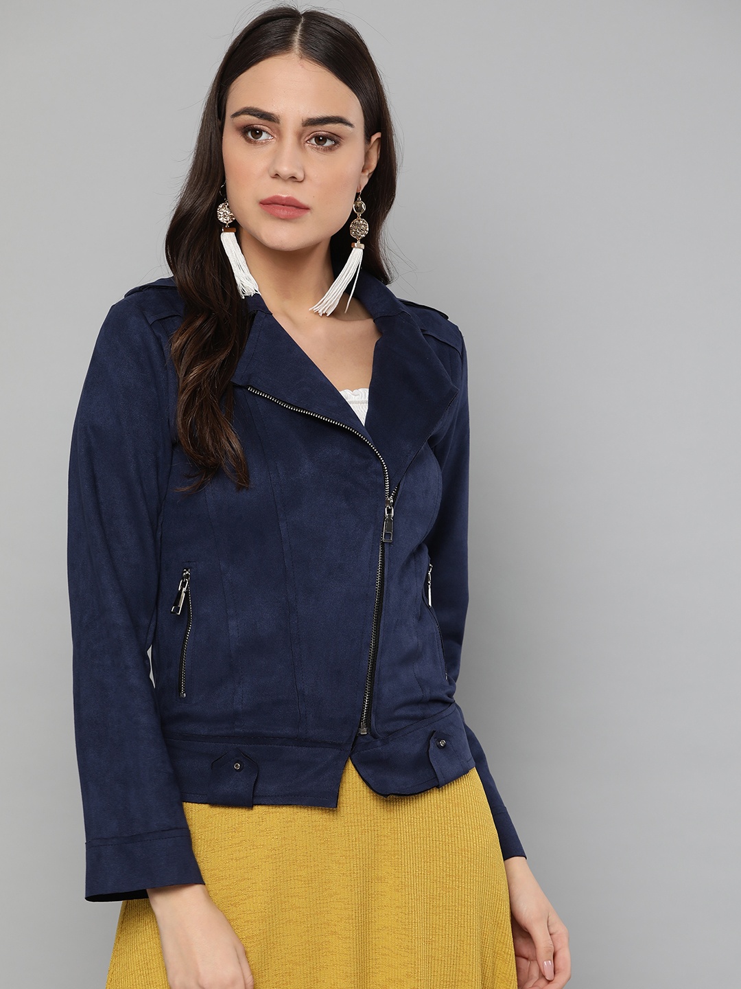 

Harpa Women Navy Blue Solid Asymmetric Closure Biker Jacket with Suede Finish