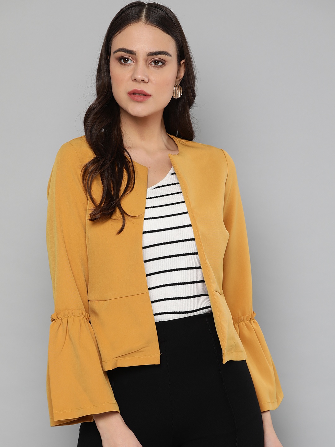 

Harpa Women Mustard Yellow Solid Open Front Jacket