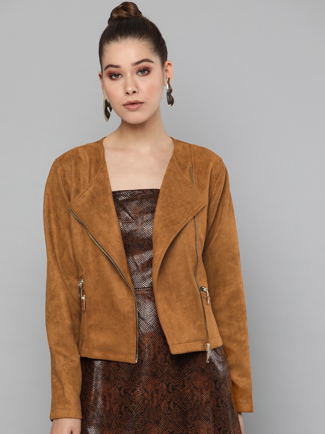 

Harpa Women Brown Solid Asymmetric Closure Tailored Jacket