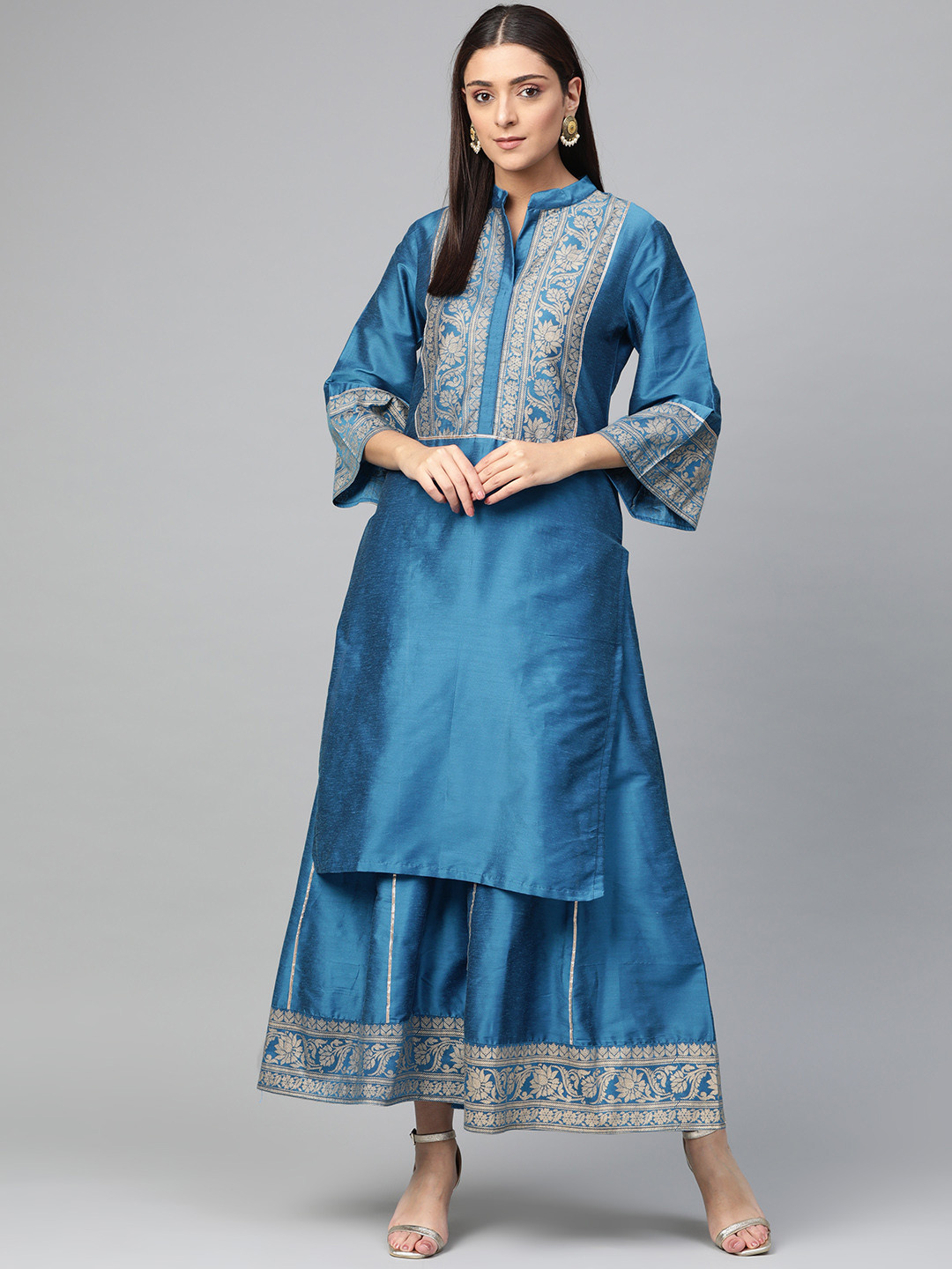 

Bhama Couture Women Blue & Golden Yoke Design Silk Kurta with Palazzos