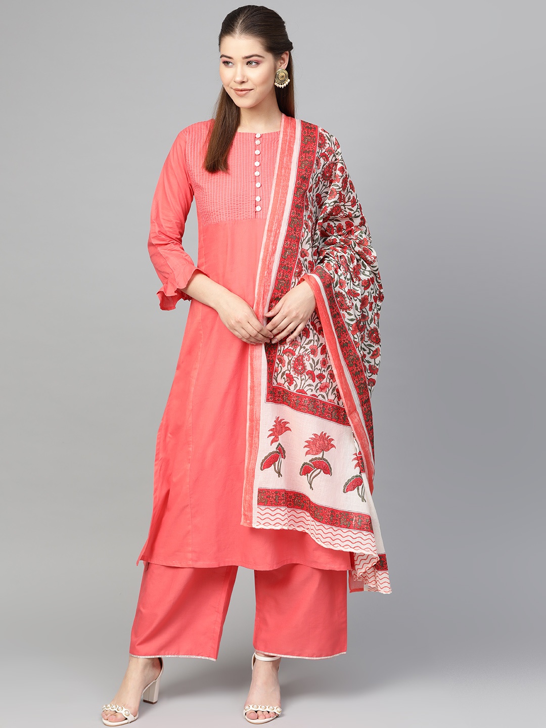 

Bhama Couture Women Peach-Coloured & White Solid Kurta with Palazzos & Dupatta