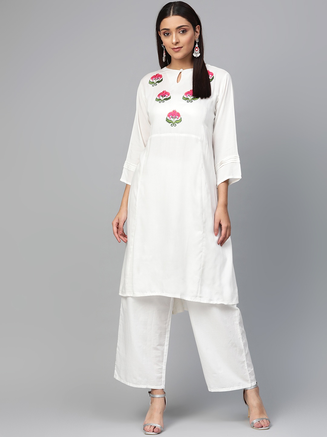

Bhama Couture Women White & Pink Yoke Design Kurta with Palazzos