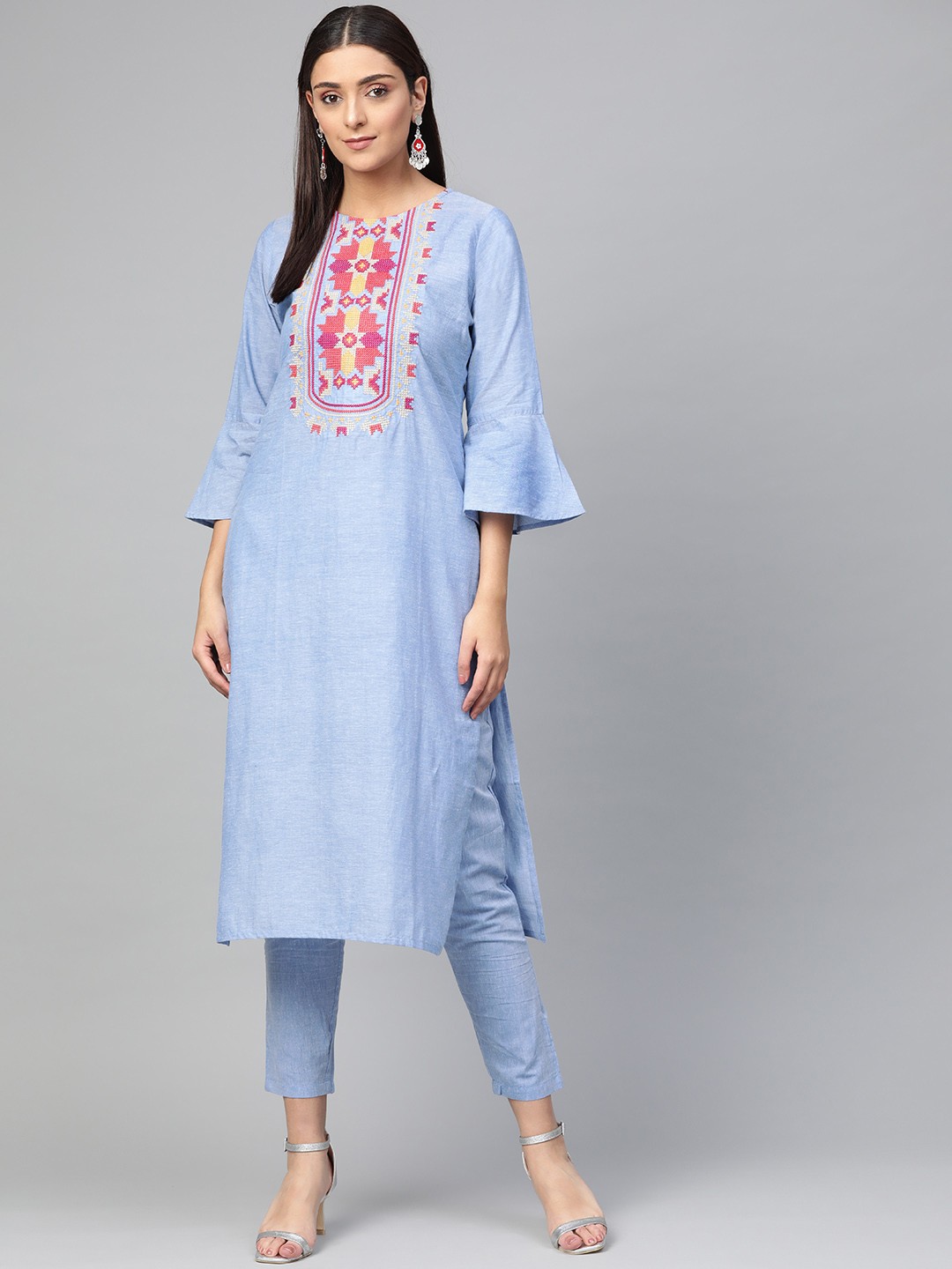 

Bhama Couture Women Blue Yoke Design Kurta with Trousers
