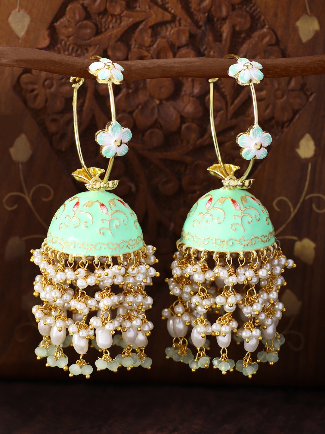 

Peora Gold-Plated & Green Dome Shaped Jhumkas