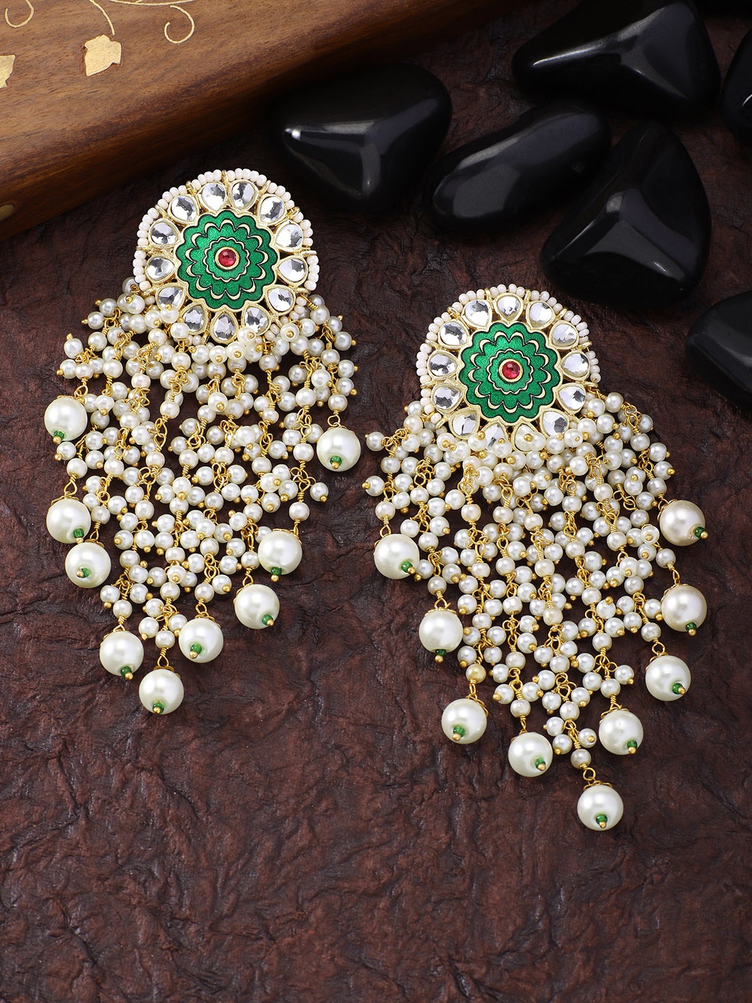 

Peora Gold-Plated & Green Circular Drop Kundan Studded Enamel Earrings