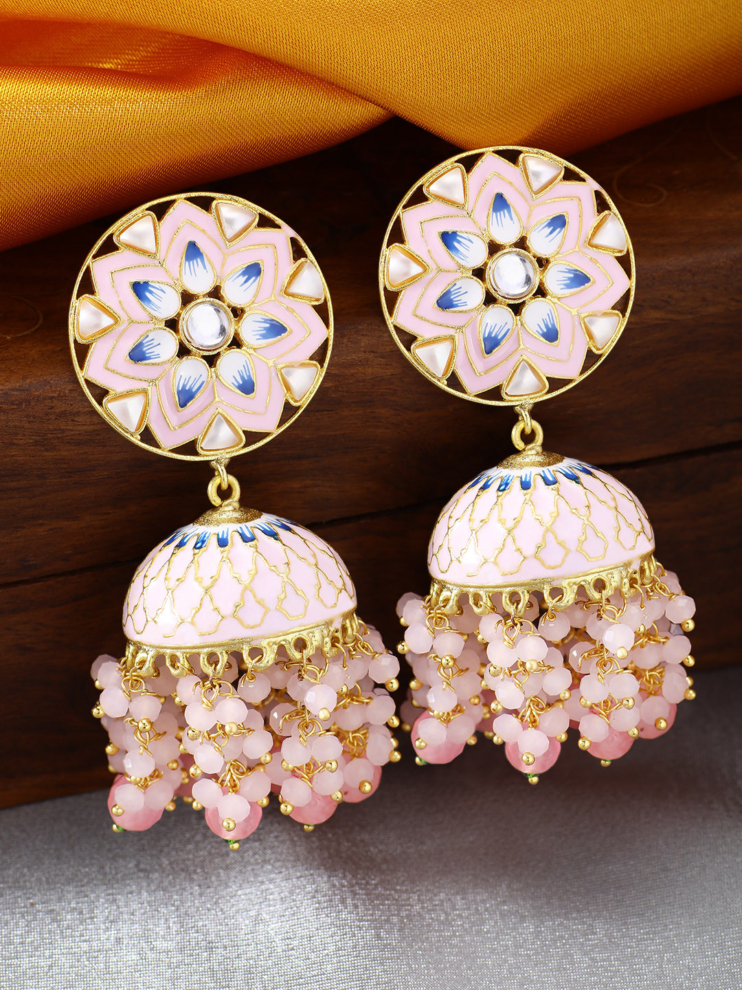 

Peora Gold-Plated & Pink Dome Shaped Meenakari Jhumkas