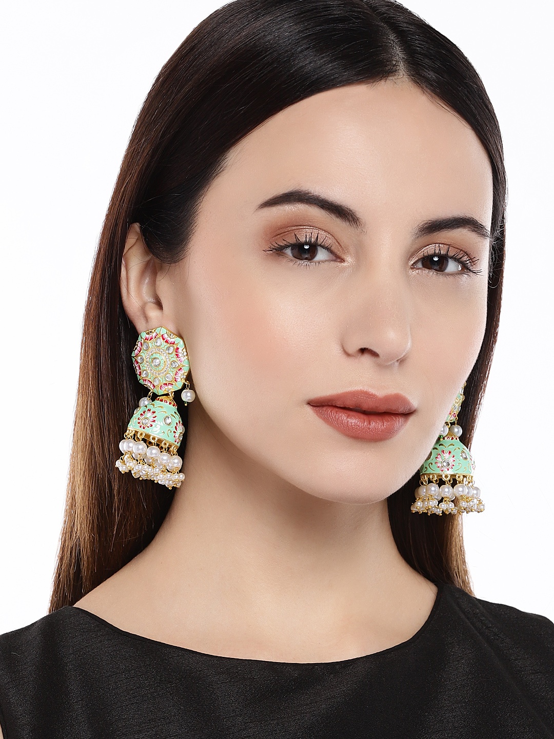 

Peora Gold-Toned & Green Coloured Dome Shaped Jhumkas