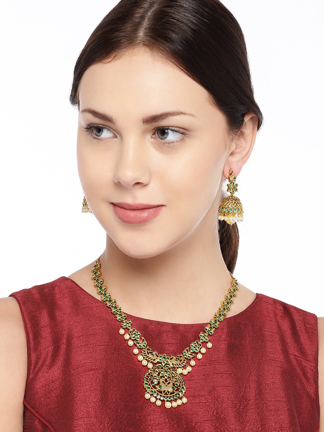 

Peora Gold-Plated Copper CZ Stone-Studded Traditional Sacred Goddess Temple Jewellery Set