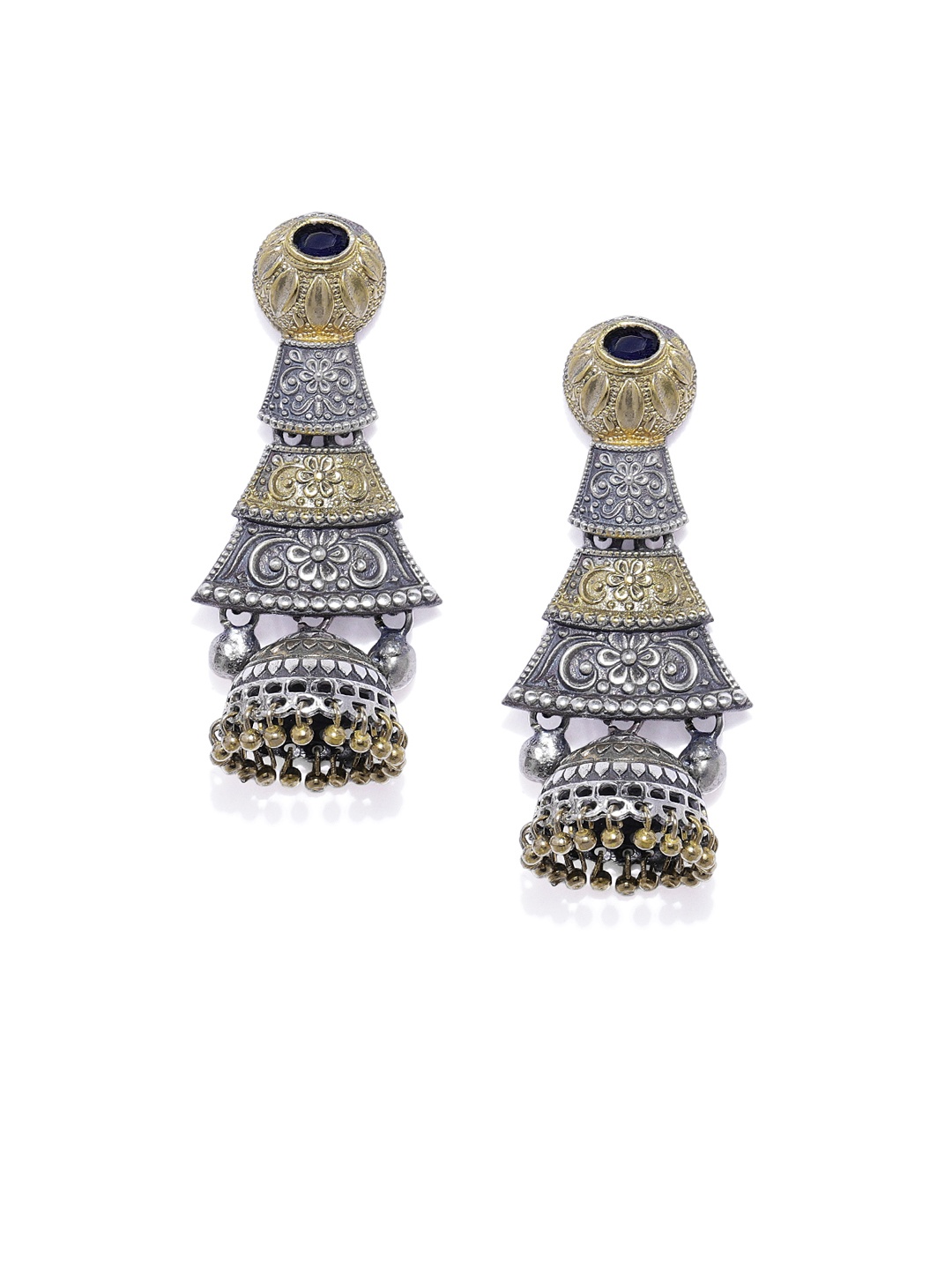 

Peora Silver-Toned & Gold-Toned Geometric Jhumkas