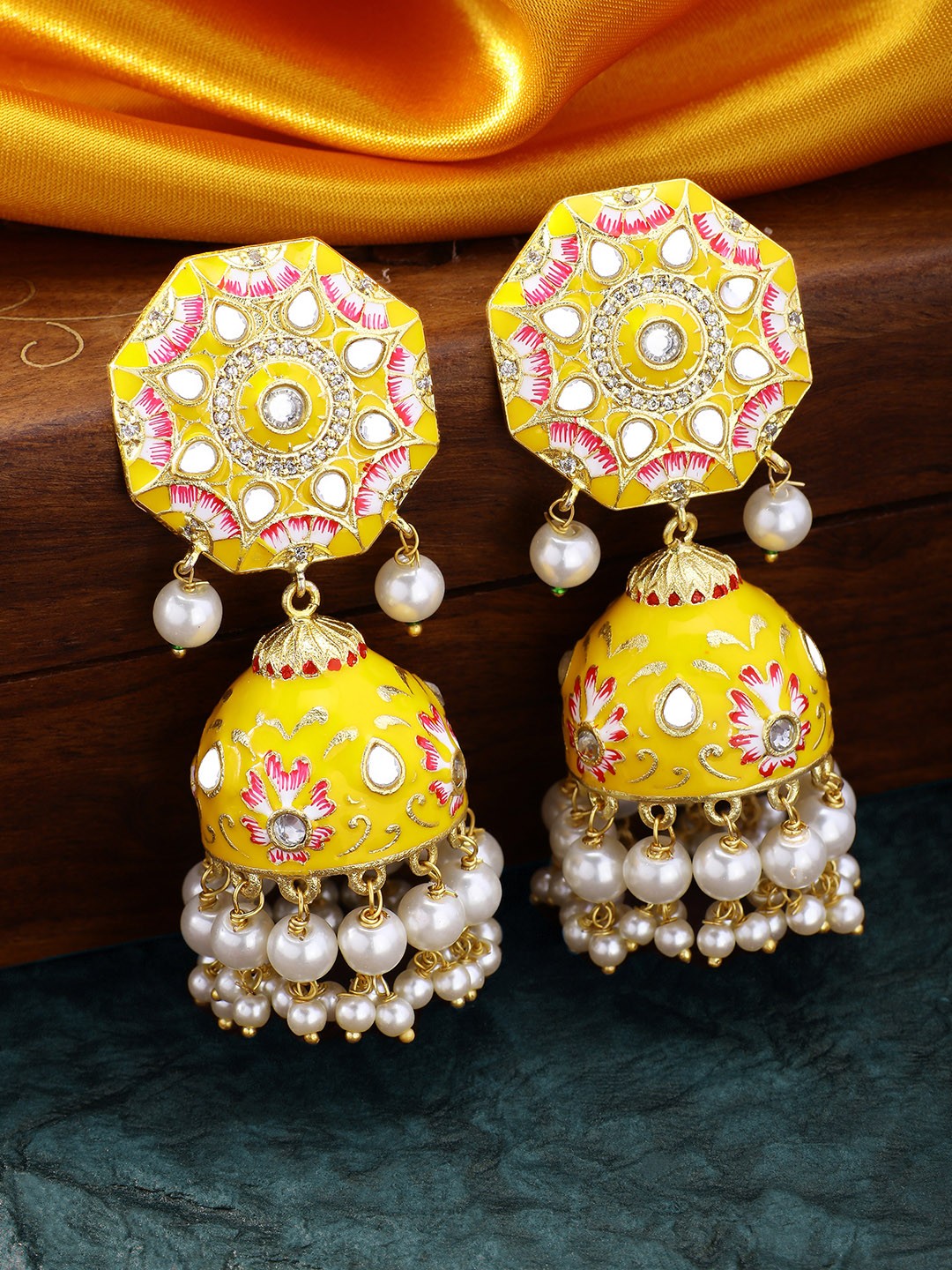 

Peora Gold-Plated & Yellow Kundan Jhumkas