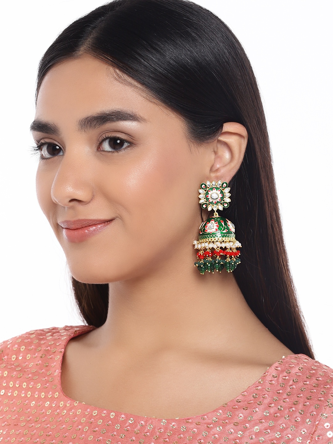 

Peora 18k Gold-Plated & Green Dome Shaped Enamel Meenakari Handcraftedac Jhumkas