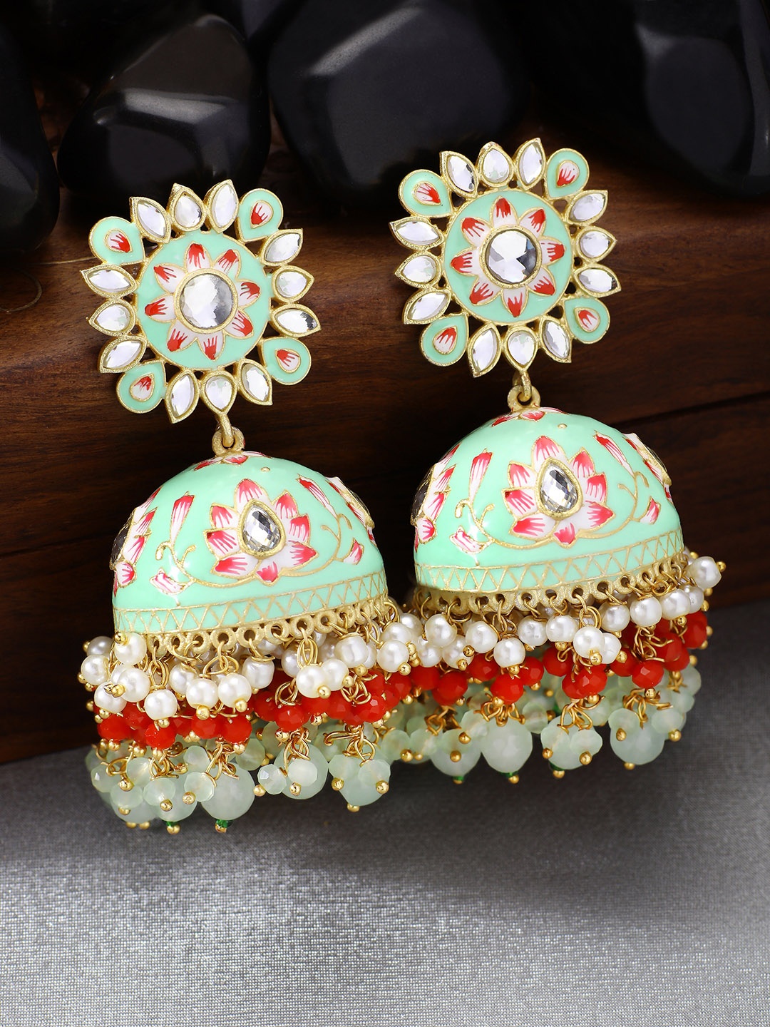 

Peora White & Green 18k Gold Plated Dome Shaped Enamel Meenakari Handcrafted Jhumkas