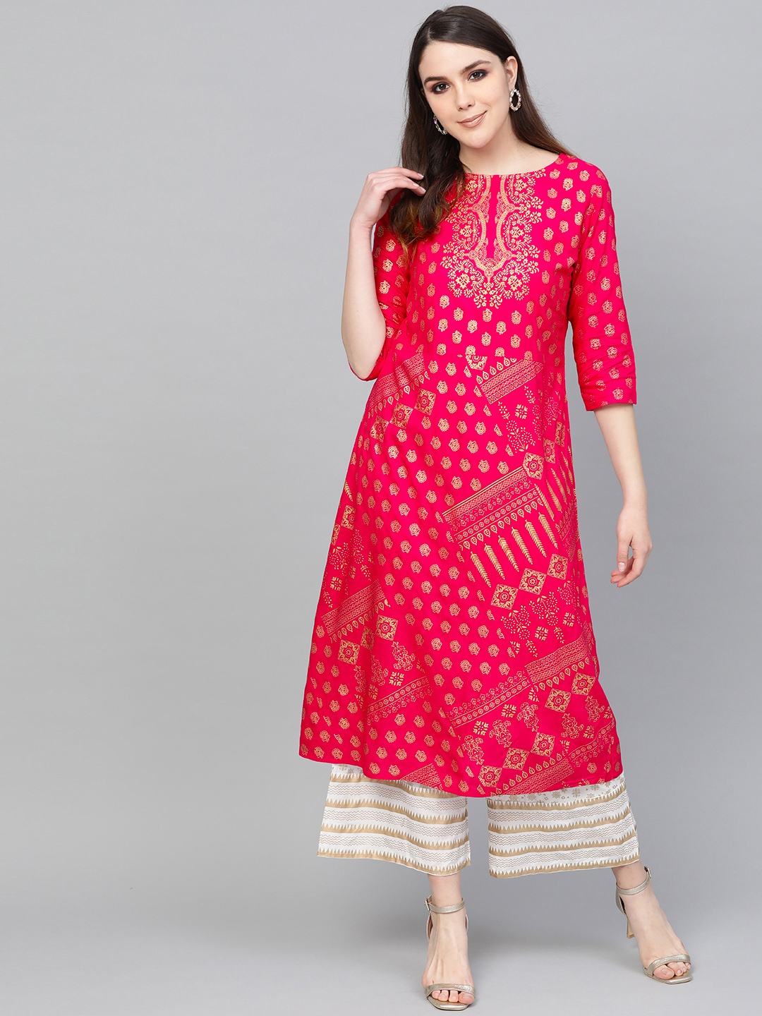 

Anubhutee Fuchsia Foil Print A-Line Viscose Kurta with Palazzos