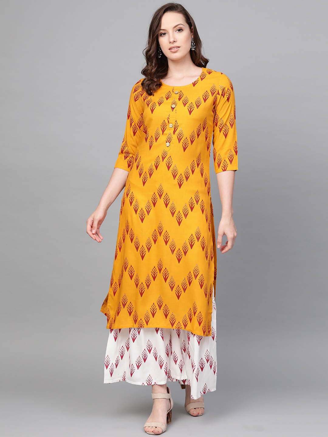

ANAISA Women Mustard Yellow & White Printed Kurta with Palazzos