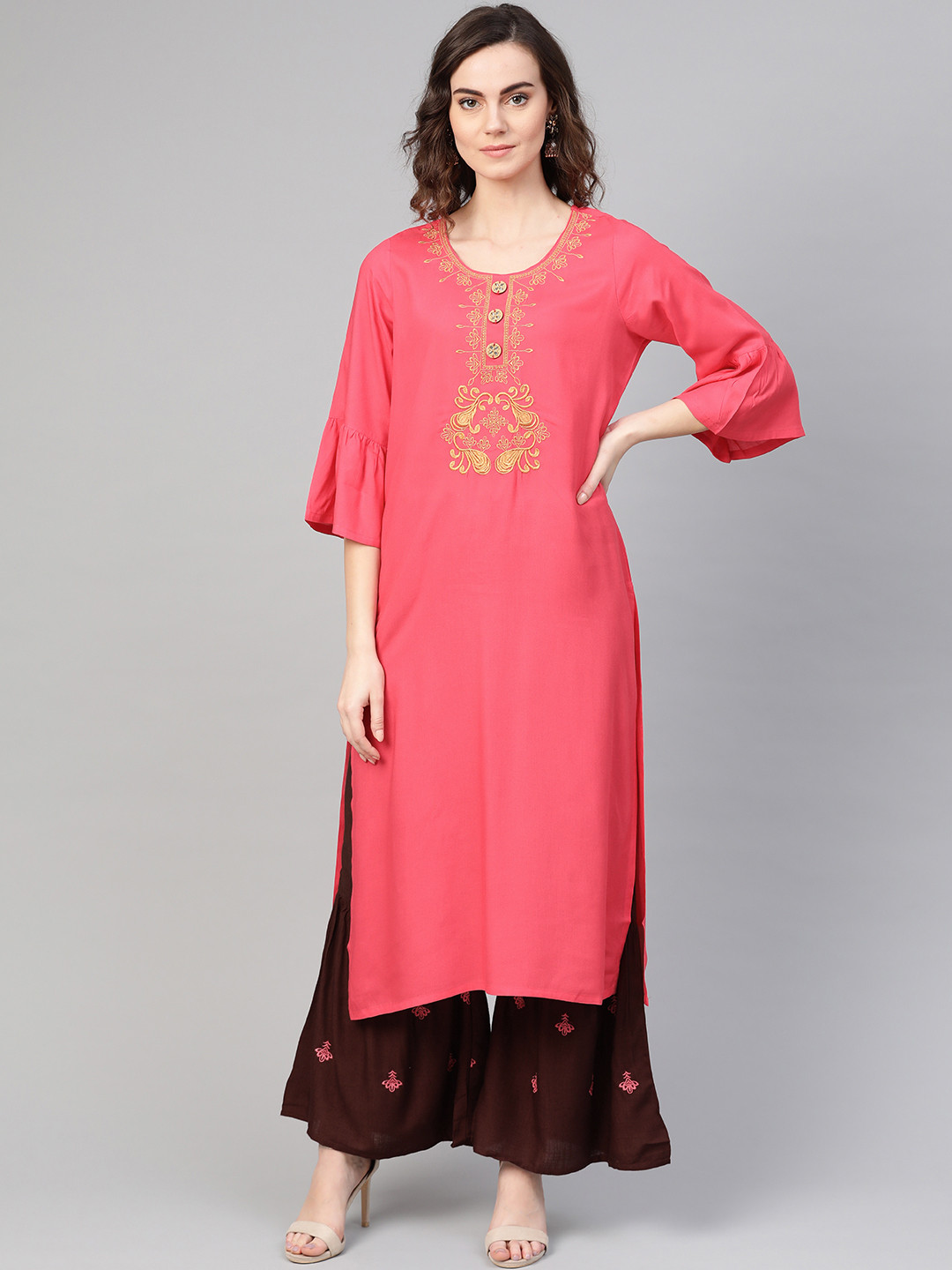 

ANAISA Women Coral Pink & Brown Yoke Design Kurta with Sharara