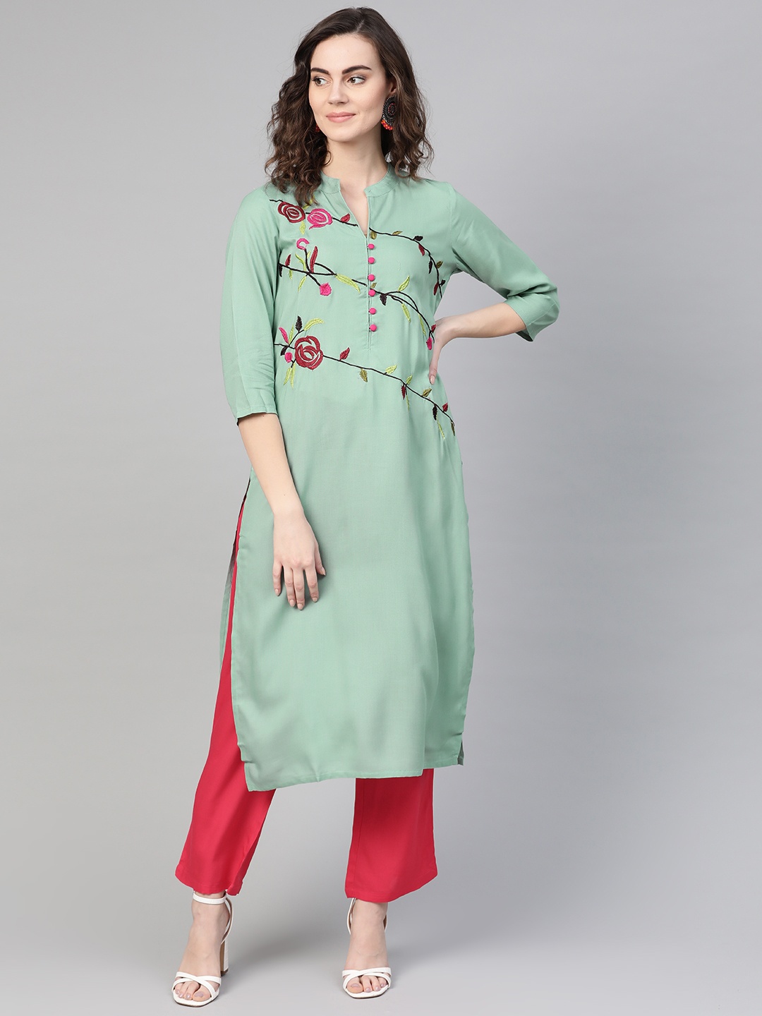 

ANAISA Women Green & Pink Embroidered Kurta with Trousers